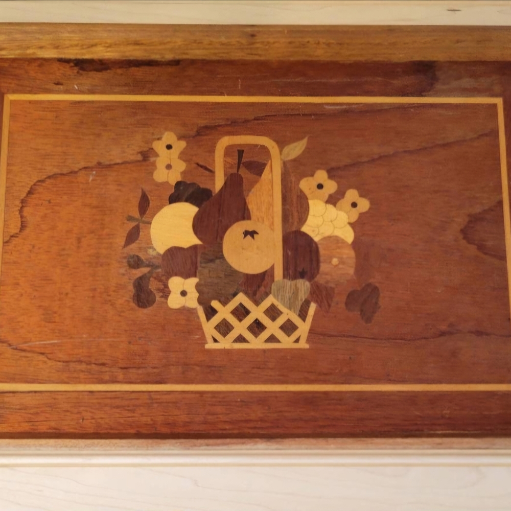 Wooden Fruit Basket Inlay Tray ~ 1960s Vintage Marquetry Inlay Teak Wood Serving